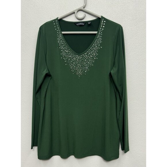 Susan Graver Occasions Women Top Large Green Liquid Knit Embellished Beaded - Picture 1 of 5